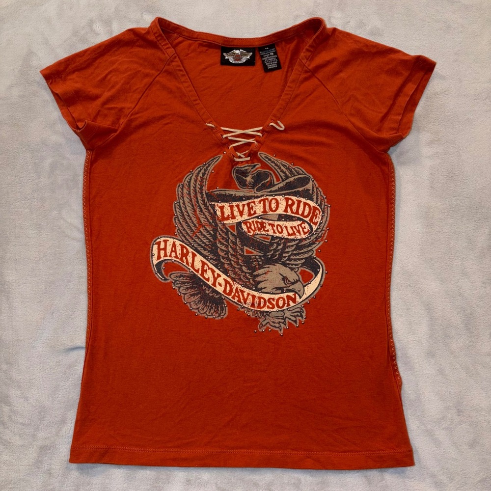 Y2K Harley-Davidson Womens Orange Lace V-Neck Graphic Tee Eagle Live To Ride M